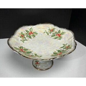 VTG Porcelain Holiday Lusterware Candy Compote Holly By Sterling China Japan SER